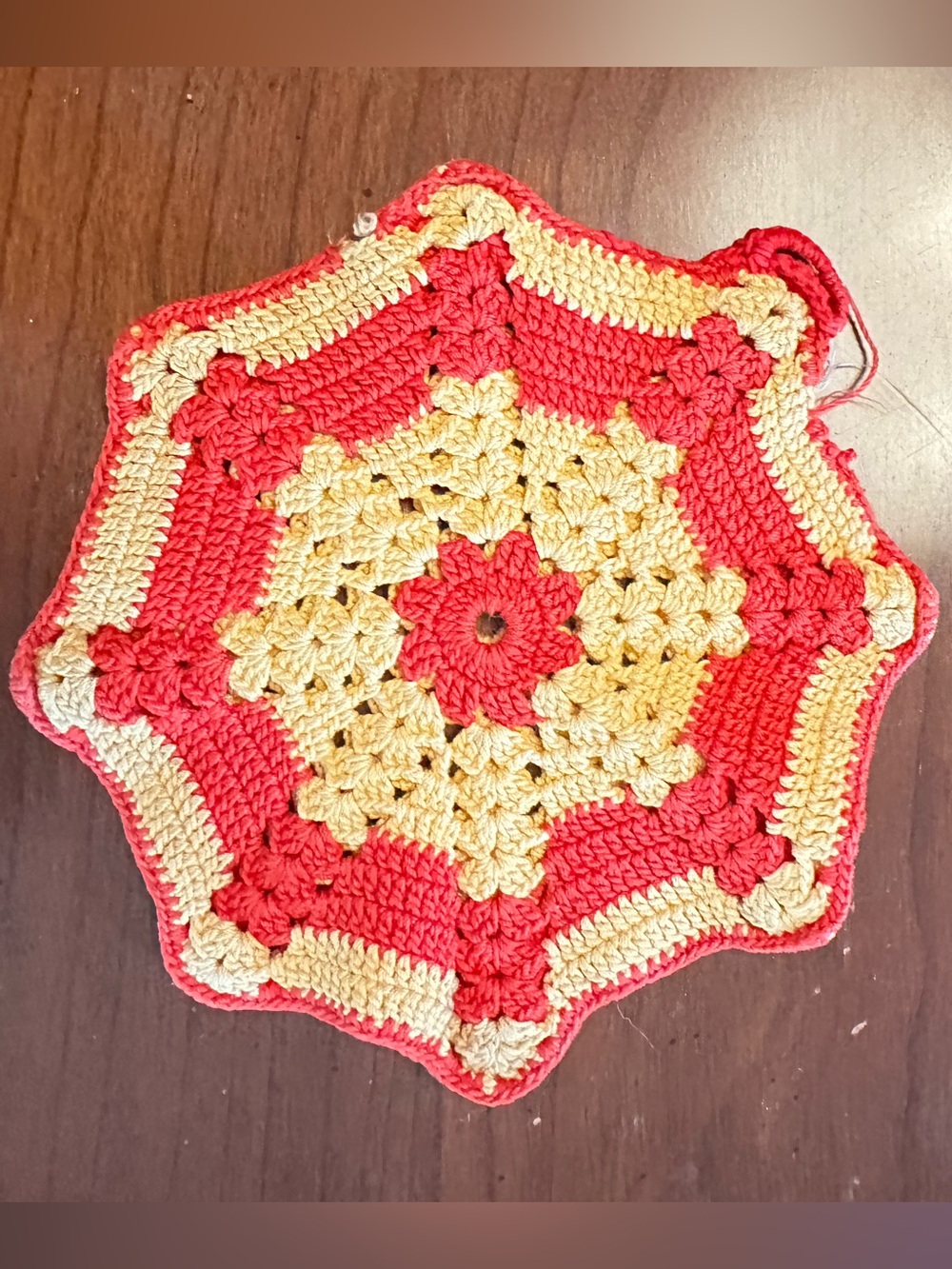 Vintage Handmade Crochet Potholder Red Gold Reversible Double Thick 6.75”